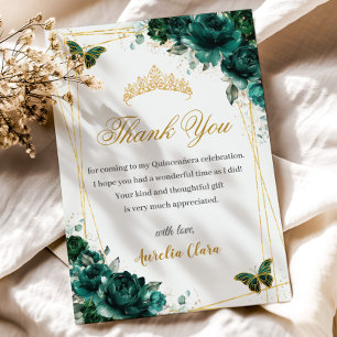 Carte De Remerciements Quinceañera Émeraude Vert Floral Papillons Dorés