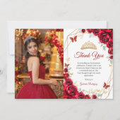 Carte De Remerciements Quinceanera Florale d'or rouge (Devant)