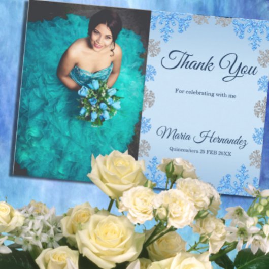 Carte De Remerciements Quinceañera Ice Blue Silver Winter Snowflake