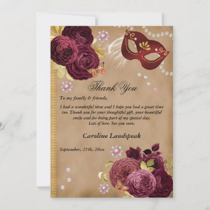 Carte De Remerciements Quinceañera Mascarade, Photo & Roses Rouges Anglai
