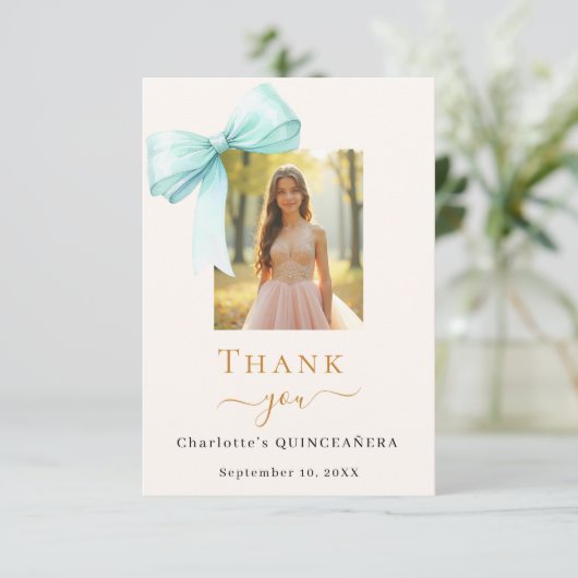 Carte De Remerciements Quinceanera photo bow crème turquoise (Debout devant)