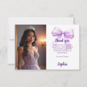 Carte De Remerciements Quinceanera photo bow violet script (Devant)