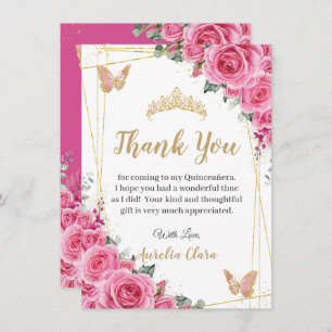 Carte De Remerciements Quinceañera Pink Fuchsia Floral Papillons d'or