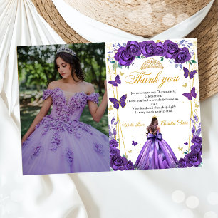 Carte De Remerciements Quinceañera Purple Floral Princess Papillons