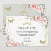 Carte De Remerciements Quinceañera Rose Pâle Floral Vert Sauge Papillon (Devant / Derrière)