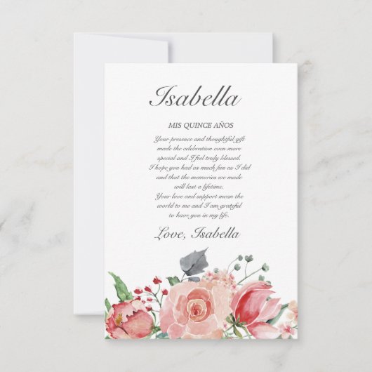 Carte De Remerciements Quinceañera rose & vert élégant (Devant)