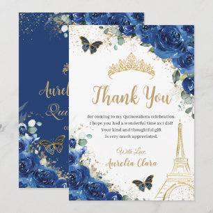 Carte De Remerciements Quinceañera Royal Blue Floral Eiffel 16e anniversa