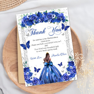 Carte De Remerciements Quinceañera Royal Blue Floral Princess Papillons