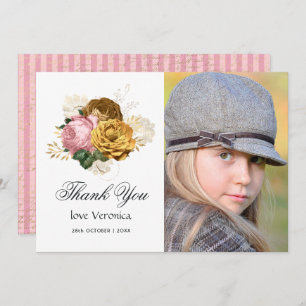 Carte De Remerciements Quinceañera vintage rose et or florale