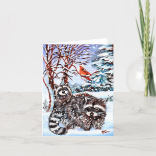 Carte De Remerciements Raccoons dans la neige Holiday Joy