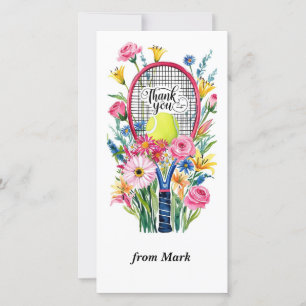 Carte De Remerciements Raquette de tennis avec boule et fleurs aquarelle