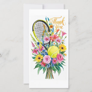 Carte De Remerciements Raquette de tennis avec boule et fleurs aquarelle