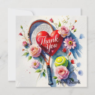 Carte De Remerciements Raquette de tennis et balle avec amour coeur rouge