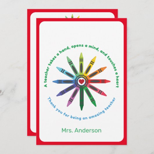 Carte De Remerciements Ray of Crayons / Appréciation de l'enseignant Merc (Devant / Derrière)