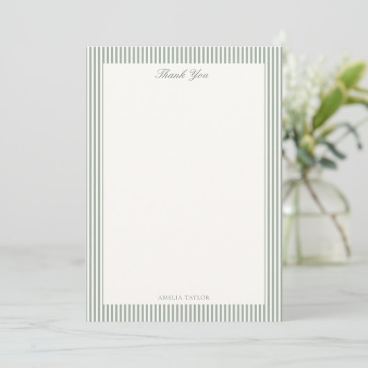 Carte De Remerciements Rayure verte sauge Crème personnalisée pour la dou (Debout devant)