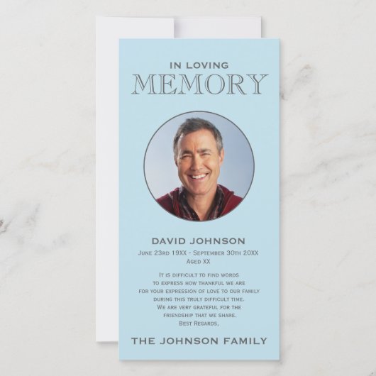 Carte De Remerciements Reconnaissance commémorative bleue en pastel de (Devant)