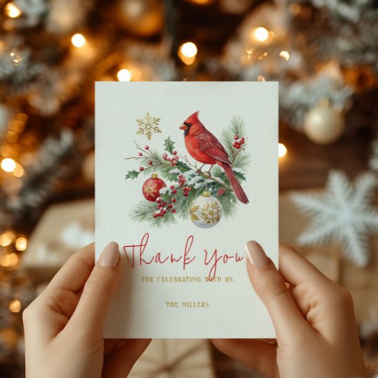 Carte De Remerciements Red Cardinal Christmas Bouquet Personalized Text 