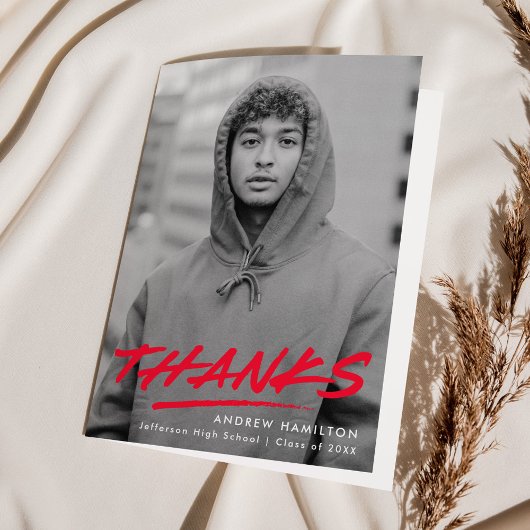 Carte De Remerciements Red Dashed Modern Photo Graduation