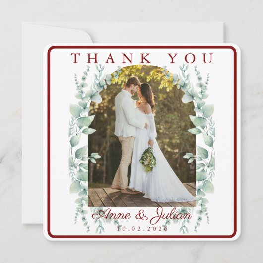 Carte De Remerciements Red Eucalypthus leaves Wedding With 2 photos (Devant)