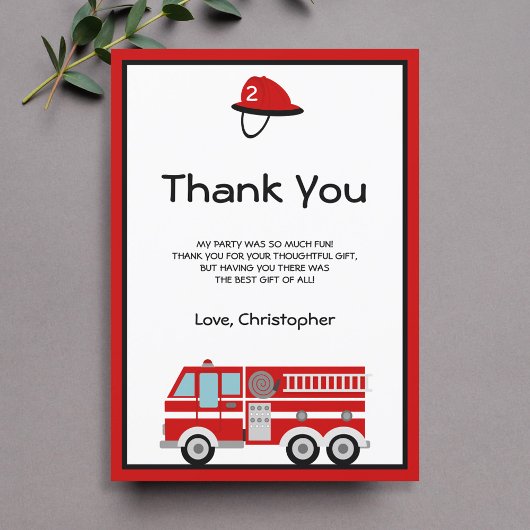 Carte De Remerciements Red Fire Engine et Casquette Anniversaire