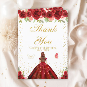 Carte De Remerciements Red Floral Brown Coiffeuse fête d'anniversaire