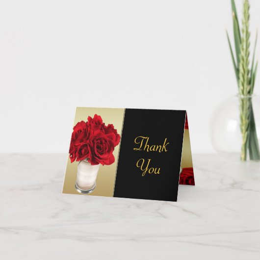 Carte De Remerciements Red Roses & Hearts, Gold & Black Mariage (Devant)