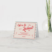 Carte De Remerciements Red Script Blue Stripes Retro Wedding (Devant)