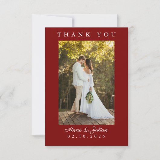 Carte De Remerciements Red Simple Photo Wedding Thank You Card W Note (Devant)