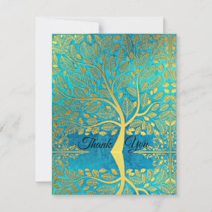 Carte De Remerciements Reflet d'arbre doré sur Paon Bleu