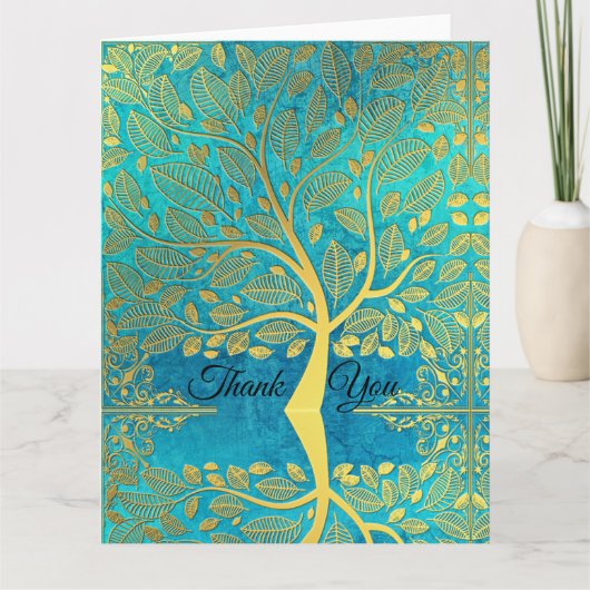 Carte De Remerciements Réflexion de l'arbre d'or sur Blue Peacock (Devant)