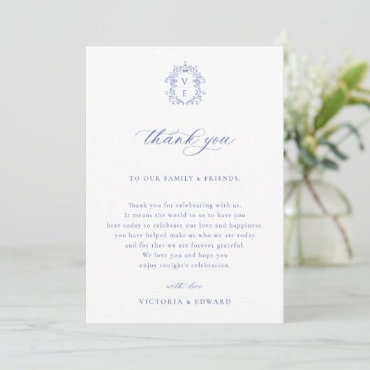 Carte De Remerciements Regency Blue Crest table de mariage (Debout devant)