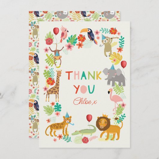 Carte De Remerciements Remerciement d'animaux de Safari, Thème de jungle  (Devant / Derrière)