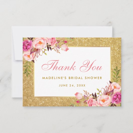 Carte De Remerciements Remerciement de Baby Shower Rose Fleurs Paillettes (Devant)
