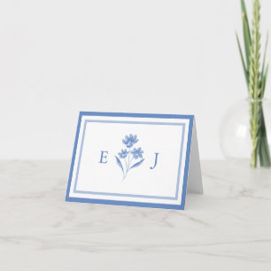 Carte De Remerciements Remerciement de mariage à monogramme floral bleu e