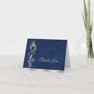 Carte De Remerciements Remerciement de mariage en Damassé Bleu et Plume d
