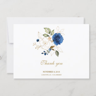 Carte De Remerciements Remerciement de mariage floral bleu or Luxe