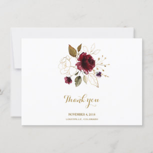 Carte De Remerciements Remerciement de mariage floral élégant bordeaux or
