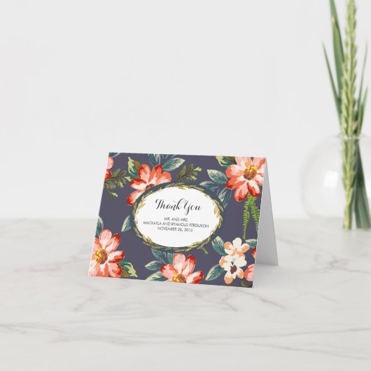 Carte De Remerciements Remerciement de mariage floral navy - or (Devant)