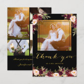 Carte De Remerciements Remerciement de mariage photo or noir floral Bourg (Devant / Derrière)