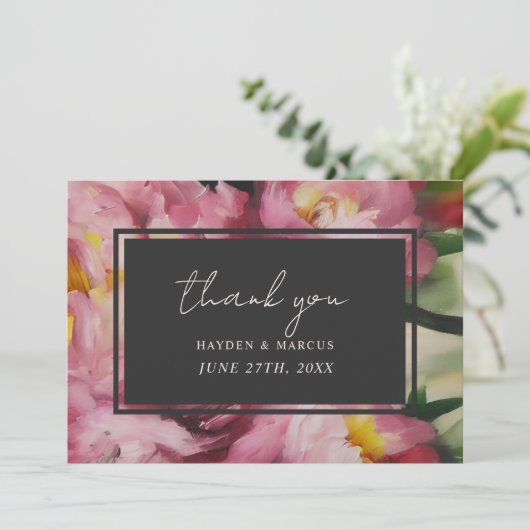 Carte De Remerciements Remerciement de photo de mariage à fleurs roses dr (Debout devant)