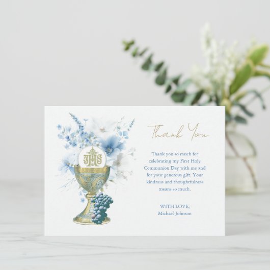 Carte De Remerciements Remerciement de première communion florale bleu ca (Debout devant)