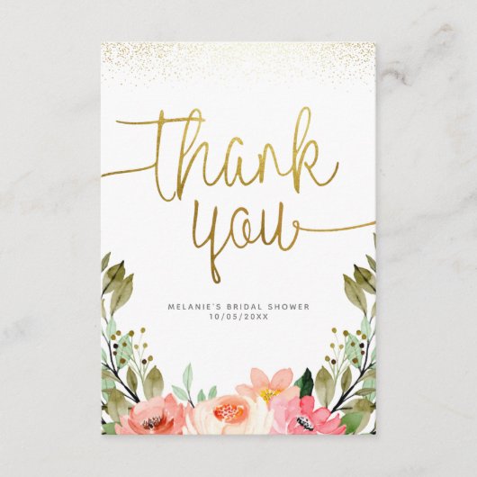 Carte De Remerciements Remerciement en écriture dorée | Fleurs aquarelles (Devant)