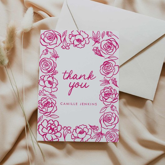 Carte De Remerciements Remerciement fantaisiste à fleurs roses dessinées 