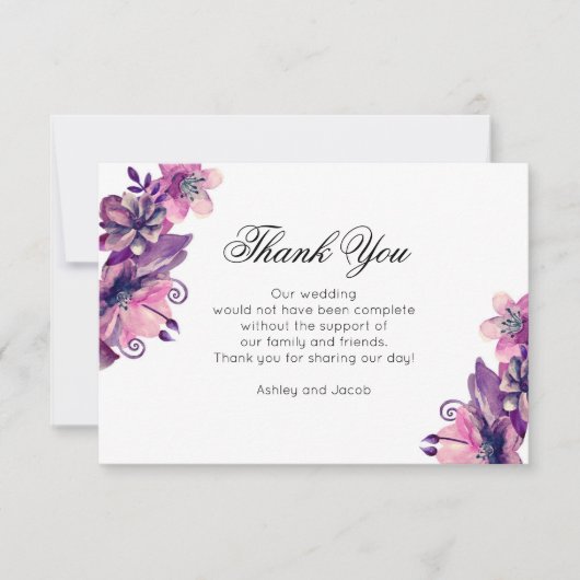 Carte De Remerciements Remerciement floral. Mariage violet. Fleurs note (Devant)