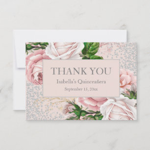 Carte De Remerciements Remerciement floral rose pailleté argent Quinceañe