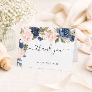 Carte De Remerciements Remerciements de Baby Shower Fleuris Bleu Marine