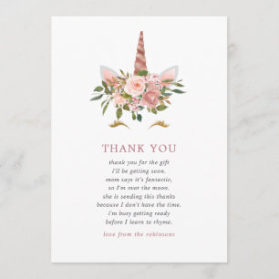 Carte De Remerciements Remerciements de Baby Shower Licorne Rose Gold et