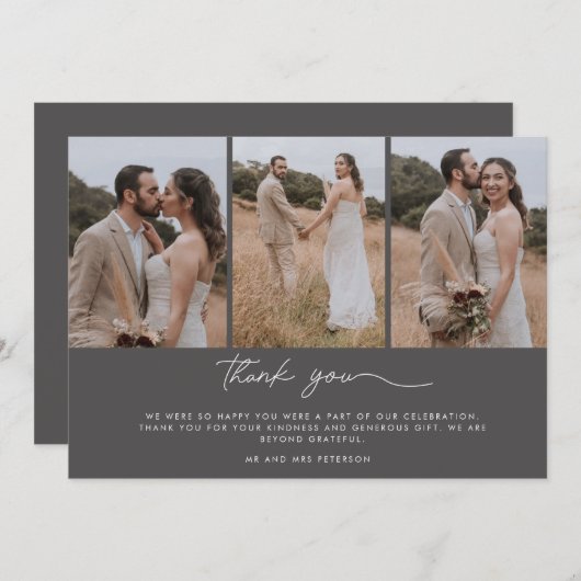 Carte De Remerciements Remerciements de mariage avec trois photos élégant (Devant / Derrière)