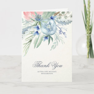 Carte De Remerciements Remerciements de pivoines aquarelles bleues et ros