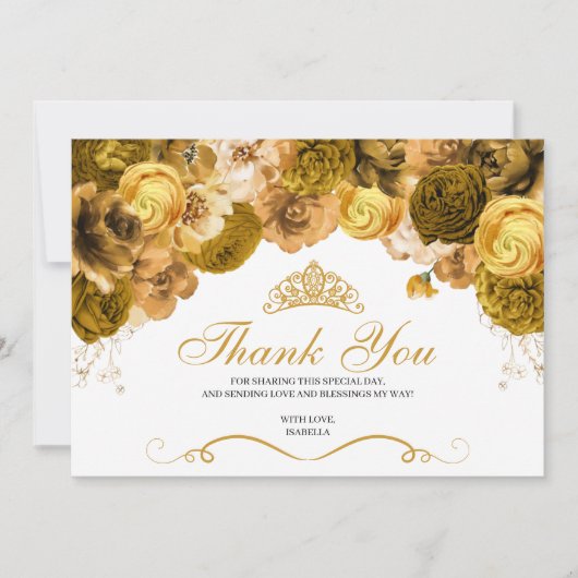 Carte De Remerciements Remerciements pour Quinceanera Floral Doré (Devant)